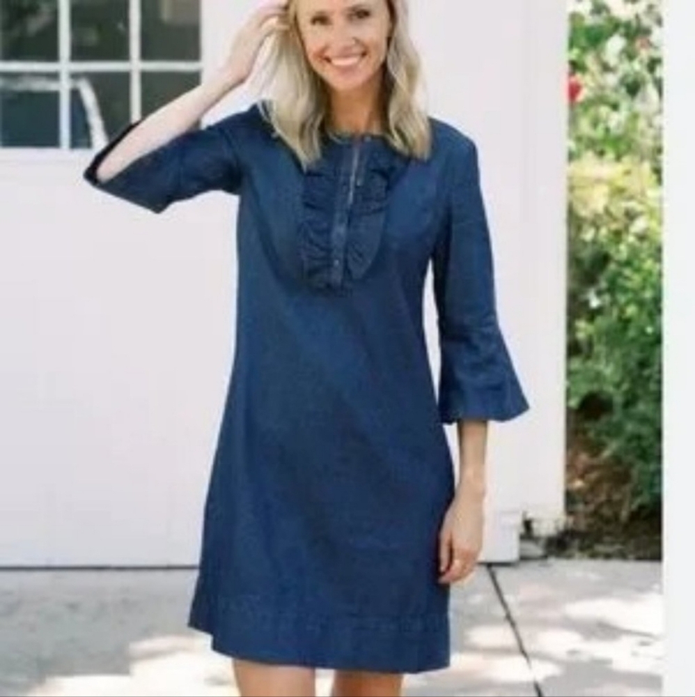 Draper James Dark Wash Chambray Denim Cotton Ruffle Shift Dress - 6 - Picture 6 of 12